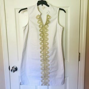 Mudpie White and Gold Embroidered Dress Medium